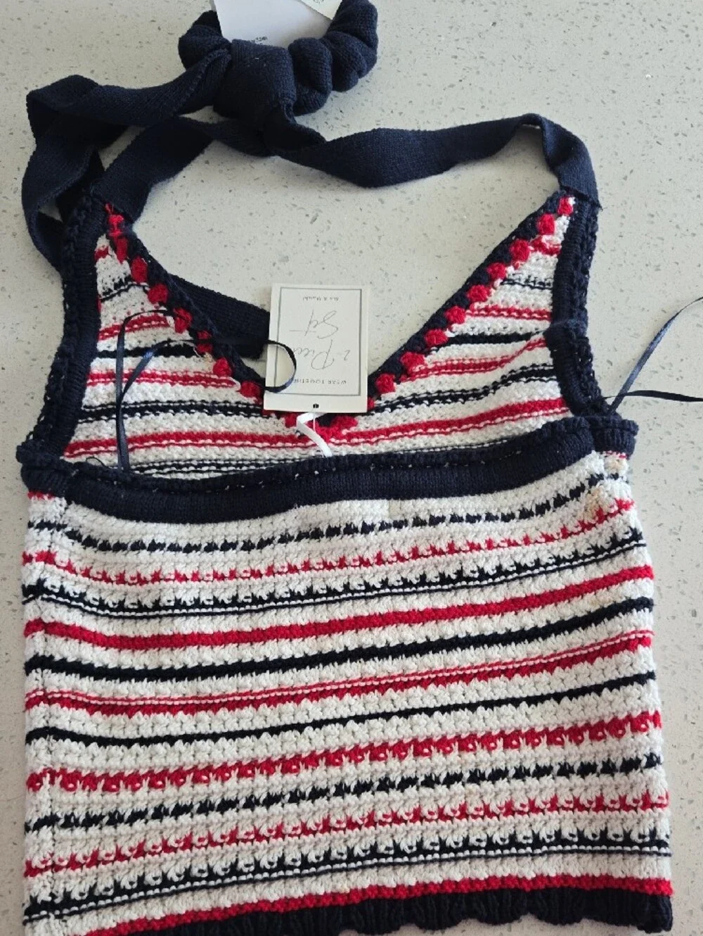 moon & madison Striped Crochet Halter Top in Navy, White & Red